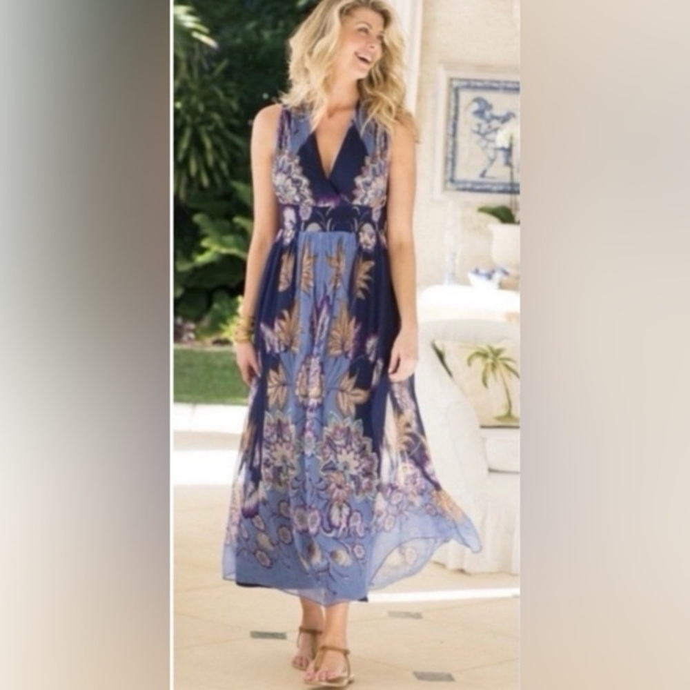 Soft Surroundings Fiji Chiffon Floral Maxi Dress Sleeveless Size XL Blue V-Neck